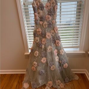 Embellished Floral Appliqué Evening Gown in Soft Pink & Lavender